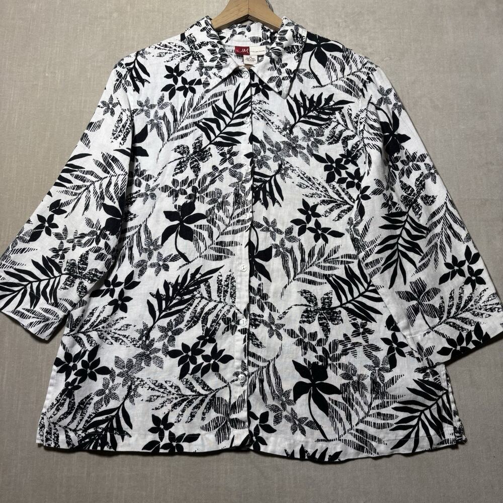 JM Collection Womens 100% Linen Floral Button Top Size 14 Black White 3/4 Sleeve